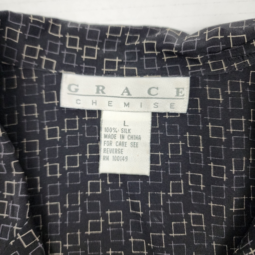 Grace Chemise Silk Blouse Black Grey Sleeveless Button-Up Top Size L - Picture 2 of 11